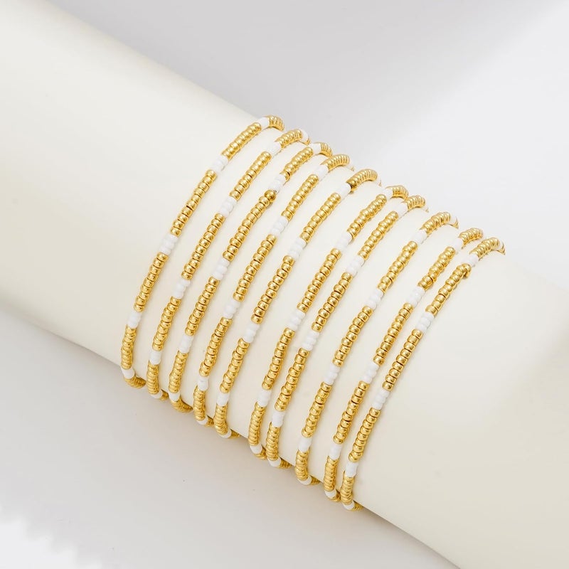 Pymach Store Dainty Gold Plated Pearl Crystal Beaded Bracelets Set for Women 14K Gold Plated Bead Pearl Beads Bracelet Stackable Paperclip Link Chain Bracelets Gold Plated Bracelets for Women Trendy Jewelry - Image 2